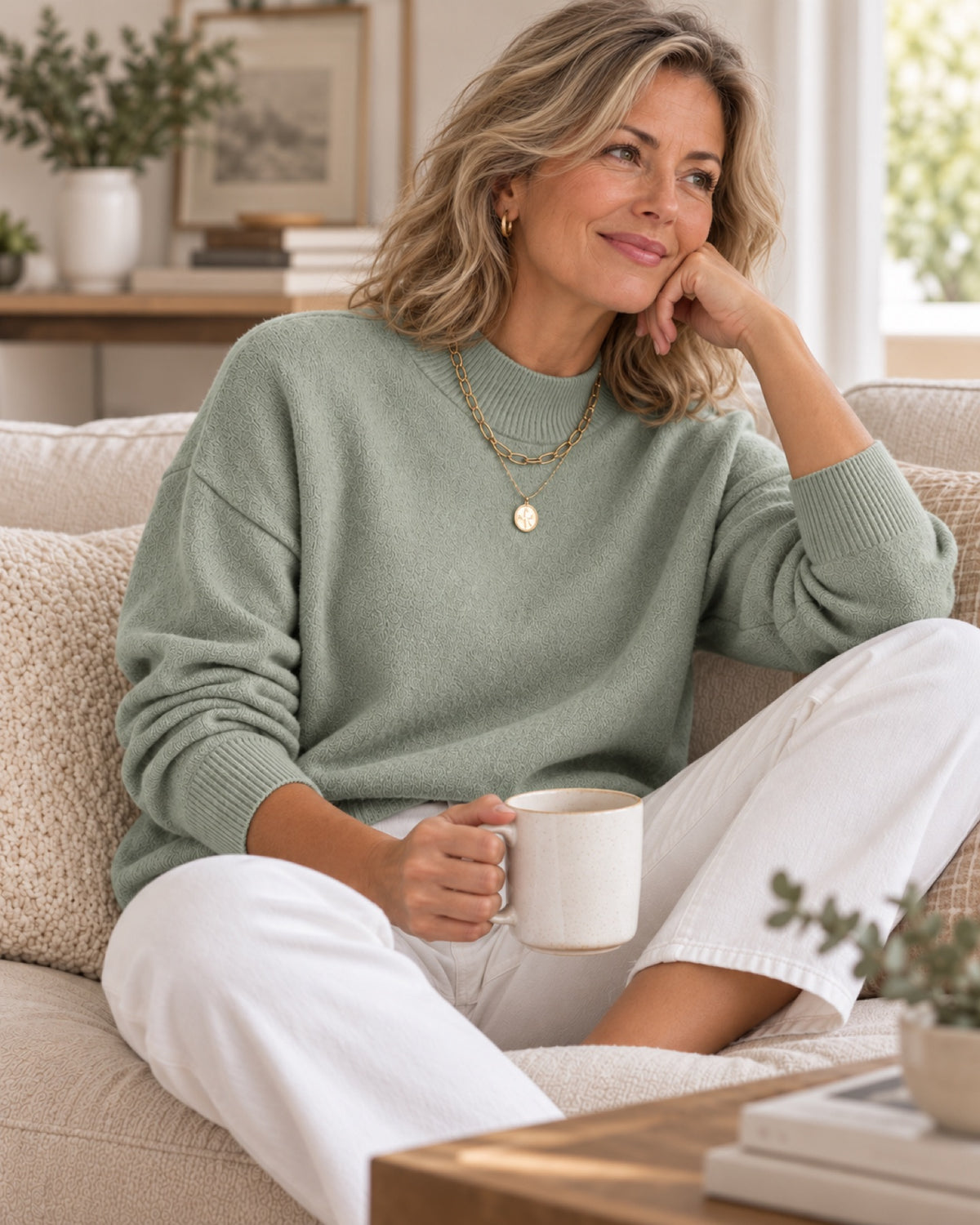 The Arabella in Light Green — a quiet fall morning, coffee in hand.