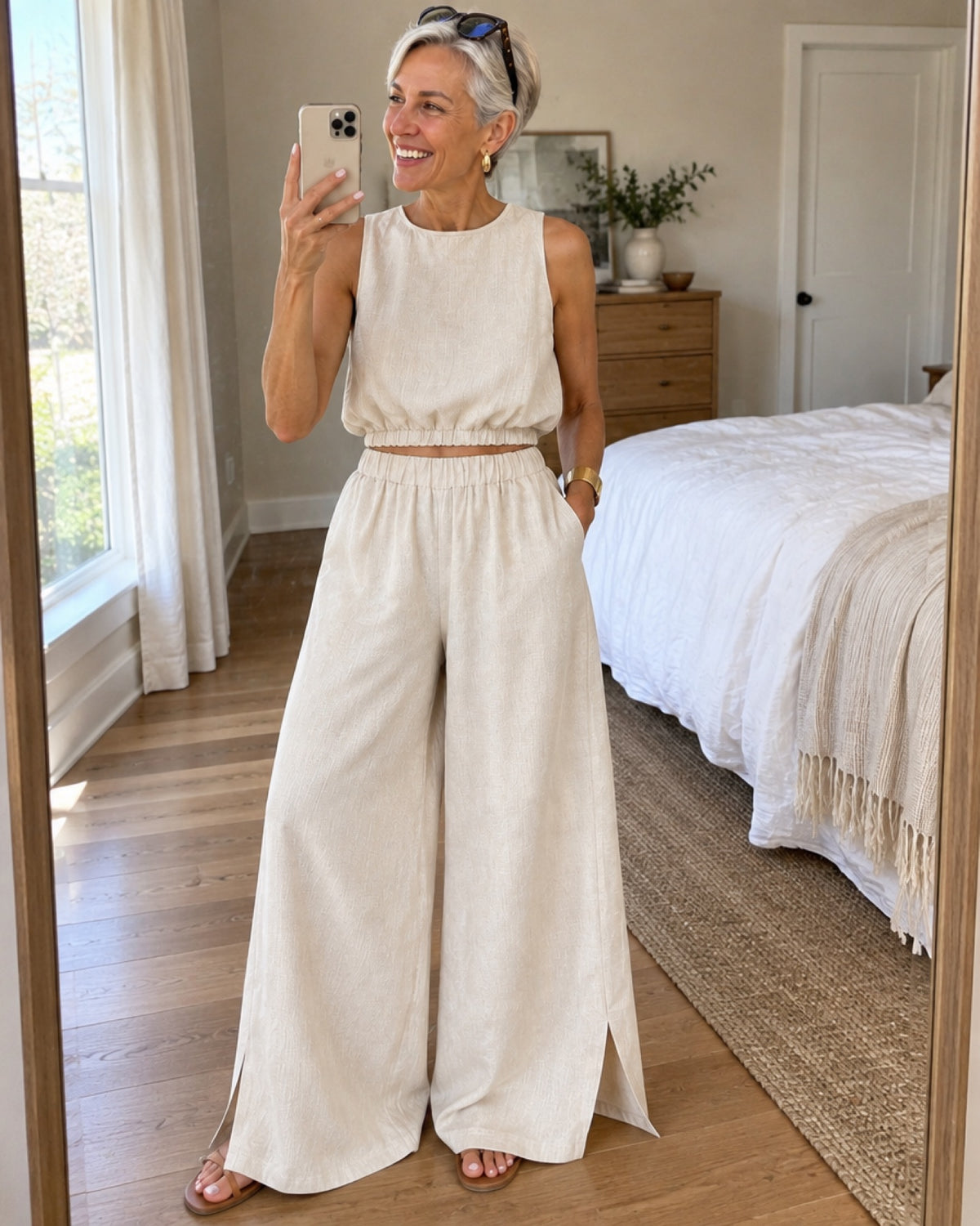 The Florence — one outfit, from the bedroom mirror to the café terrace.