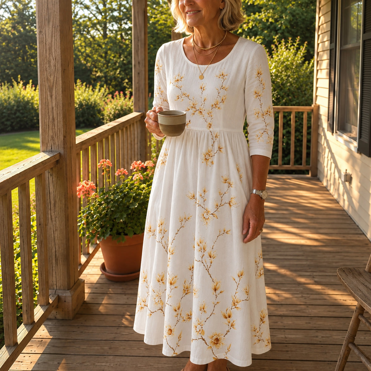The Ivory Blossom — morning coffee on the porch, already dressed for the day.