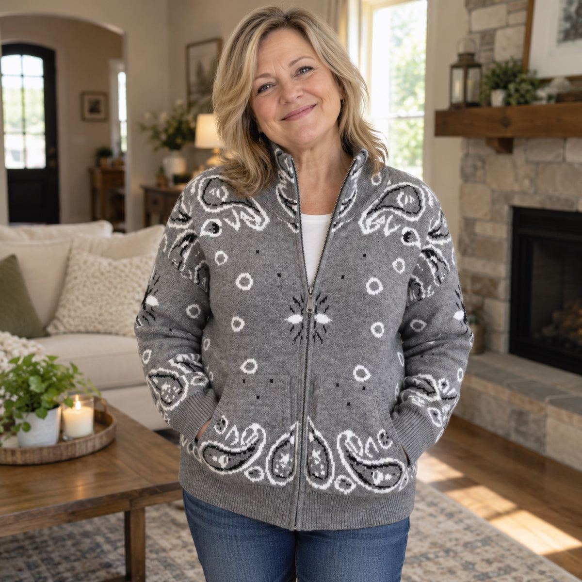The Marissa — cozy by the fire, ready to head out the door.