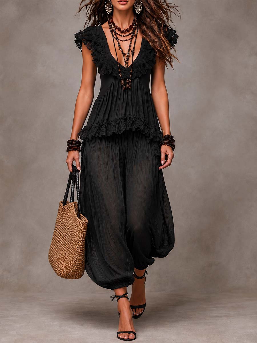 Rosalind | Bohemian V-Neck Lace Top and Harem Pants Set