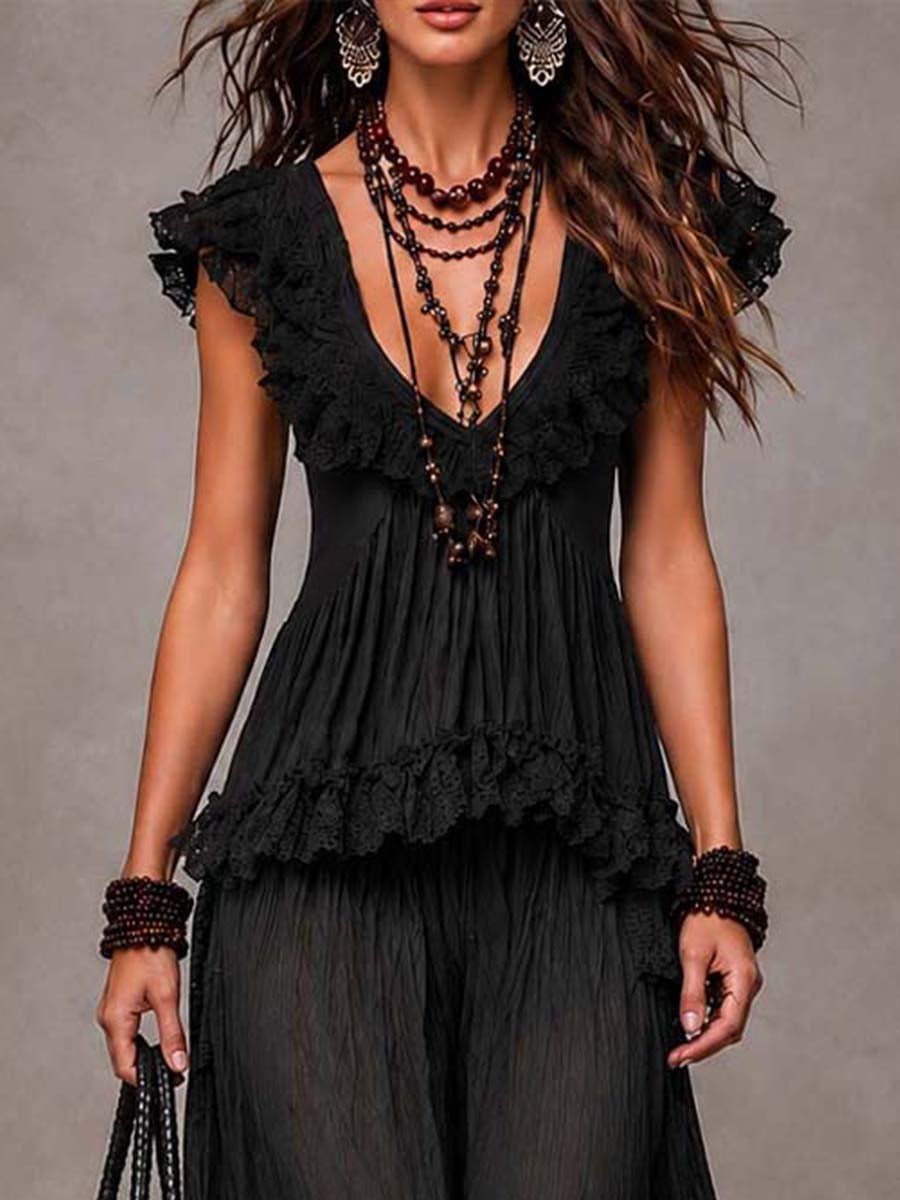 Rosalind | Bohemian V-Neck Lace Top and Harem Pants Set