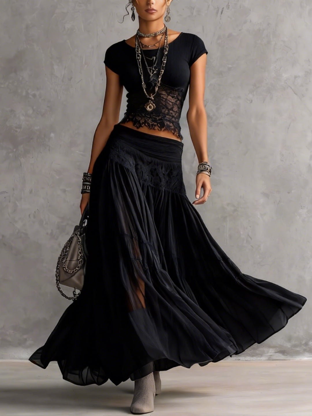 Josephine | Sheer Lace Top and Pleated Maxi Skirt Set