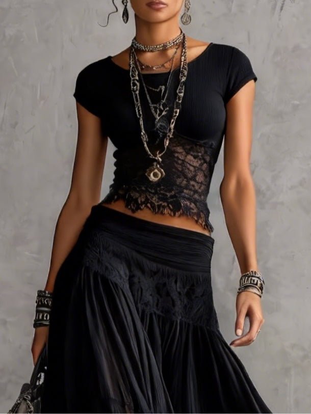 Josephine | Sheer Lace Top and Pleated Maxi Skirt Set