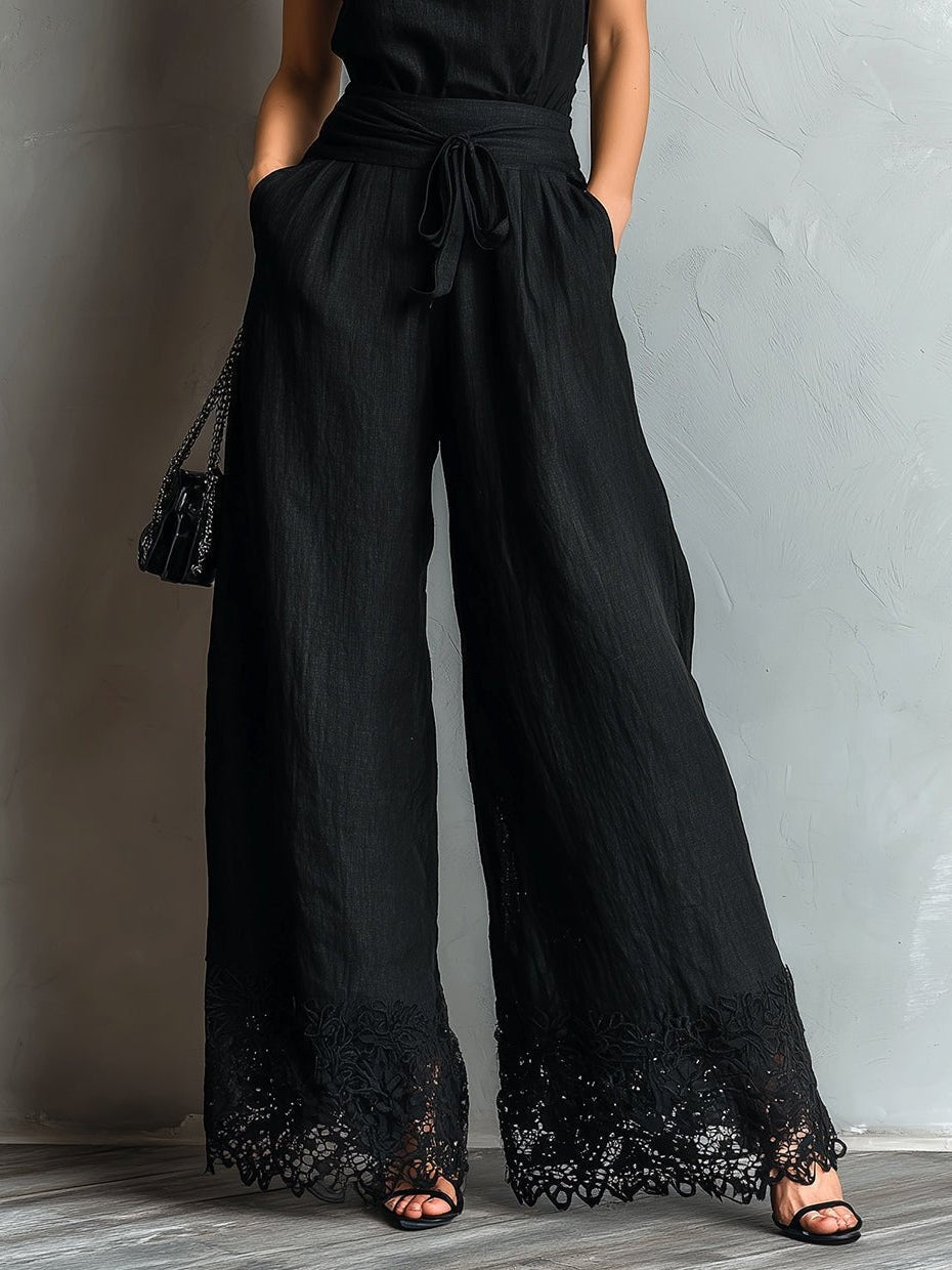 Elodie | Cotton-Linen Halter Neck Top with Bow Lace-Trimmed Wide Pants Set