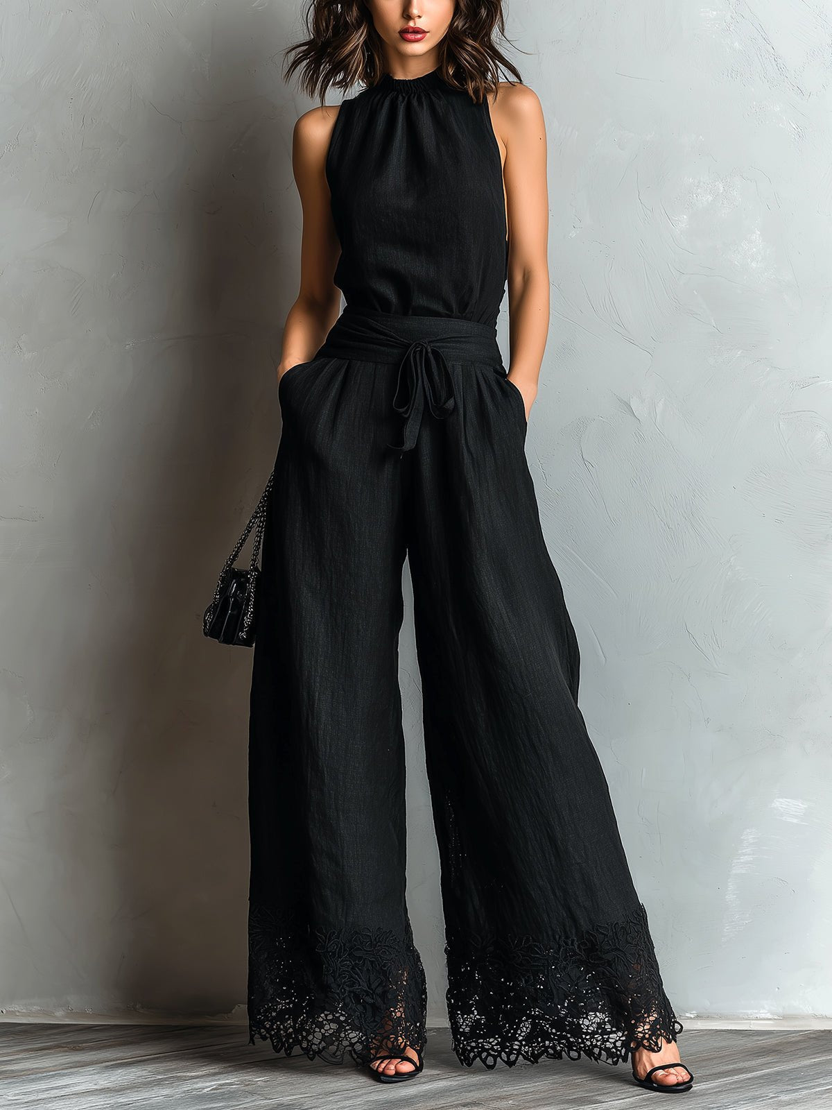 Elodie | Cotton-Linen Halter Neck Top with Bow Lace-Trimmed Wide Pants Set