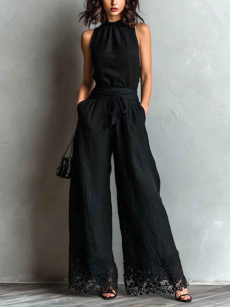 Elodie | Cotton-Linen Halter Neck Top with Bow Lace-Trimmed Wide Pants Set