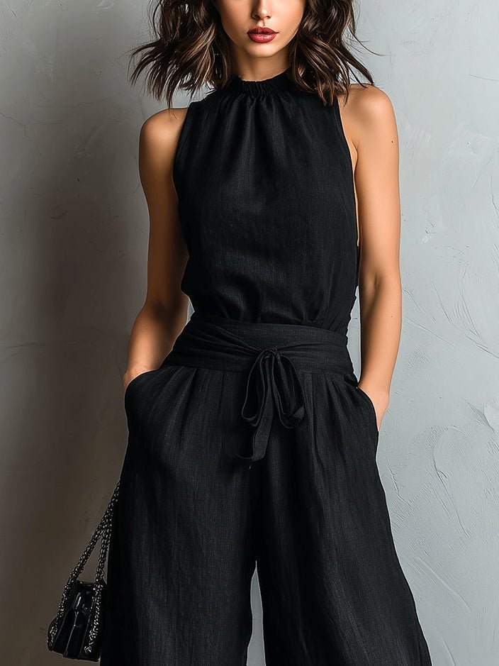 Elodie | Cotton-Linen Halter Neck Top with Bow Lace-Trimmed Wide Pants Set