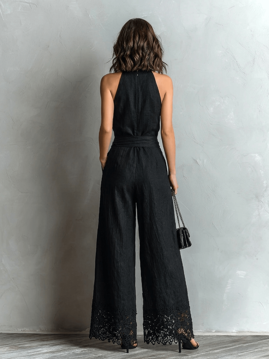 Elodie | Cotton-Linen Halter Neck Top with Bow Lace-Trimmed Wide Pants Set